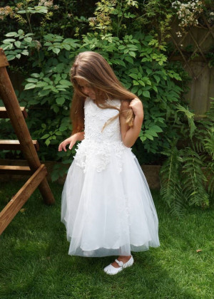 Ivory Lace Tulle Tea Length Lovely Flower Girl Dress